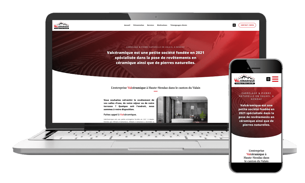 Réalisation du site web de Valcéramique, un site internet dans les tons rouge, blanc et noir.